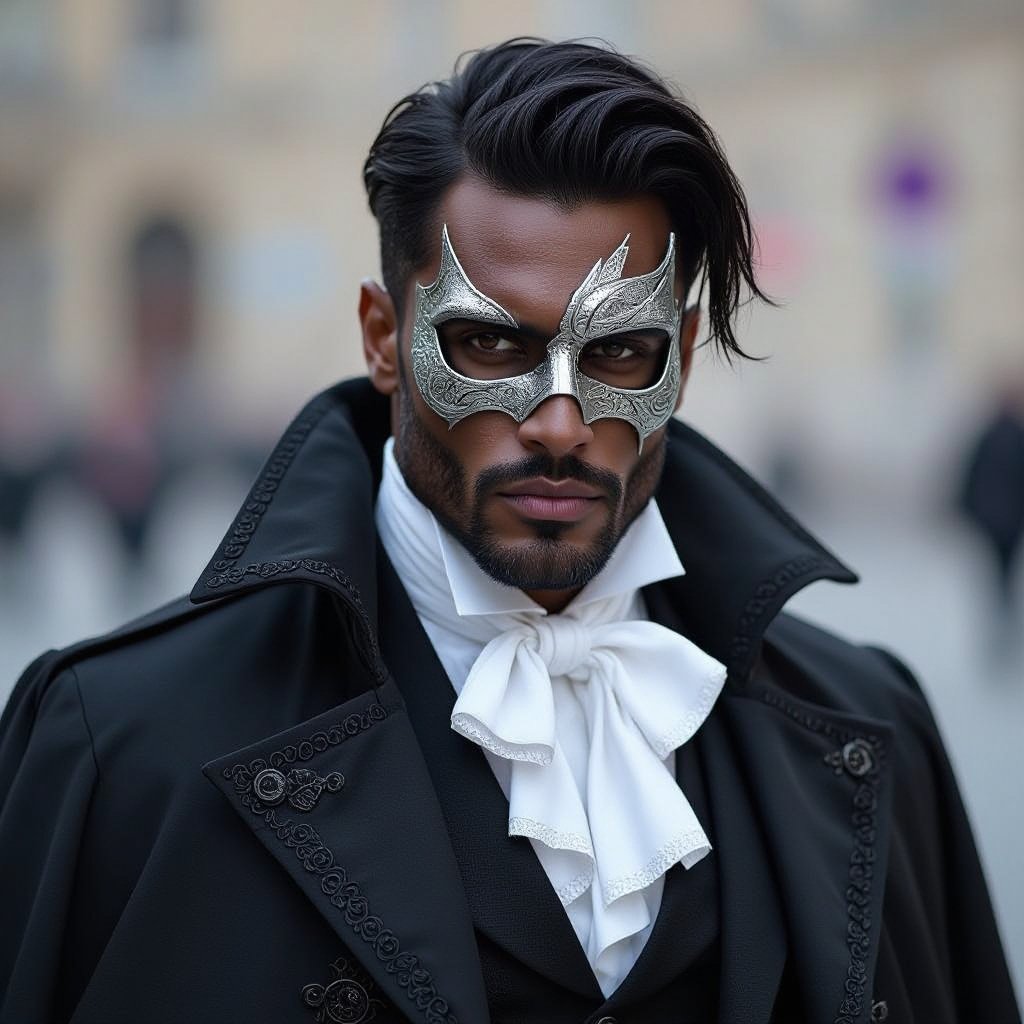 Darker-skinned with sharp & charming features. Black, swept back hair with a few black ahoges flicking forward. Physically fit with few scars littered around body & a large scar on his right cheek swirling upward. Deep-ish formal voice with heavy Russian accent. DATDA Silver skull mask and specialized formal DATDA cloak & outfit, gloves. White collar ruffle & shirt, layered cloak. Incredibly formal clothes and demeanor.