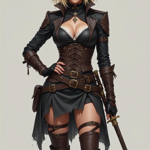 Blonde pixie cut Female High Elf Rogue Assassin in Black and Brown Shear Lace & Leathers and Skirt ripped and torn