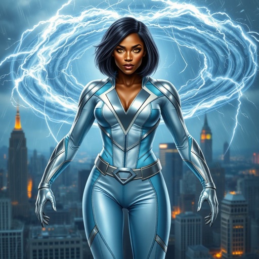 African American female superhero with hair in a shoulder length side part hairstyle with pure Gold glowing eyes wearing a leather light blue white and silver suit with light blue pants and silver boots and a V as her chest emblem controlling a storm in Philadelphia