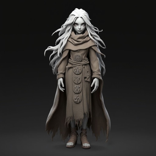 Create old character: The Silver-Eyed Wanderer – A tall, androgynous figure with hair that white. piercing silver eyes seem to see both past and present at once. a long, tattered cloak covered in stitched symbols from lands unknown. Show her whole body head to toe including her shoes.