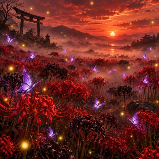 a painting of a beautiful sunset with flowers