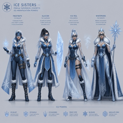 Female superhero with ice powers, costume has fur and is warm, see through long sleeves, mask, multiple of the same character