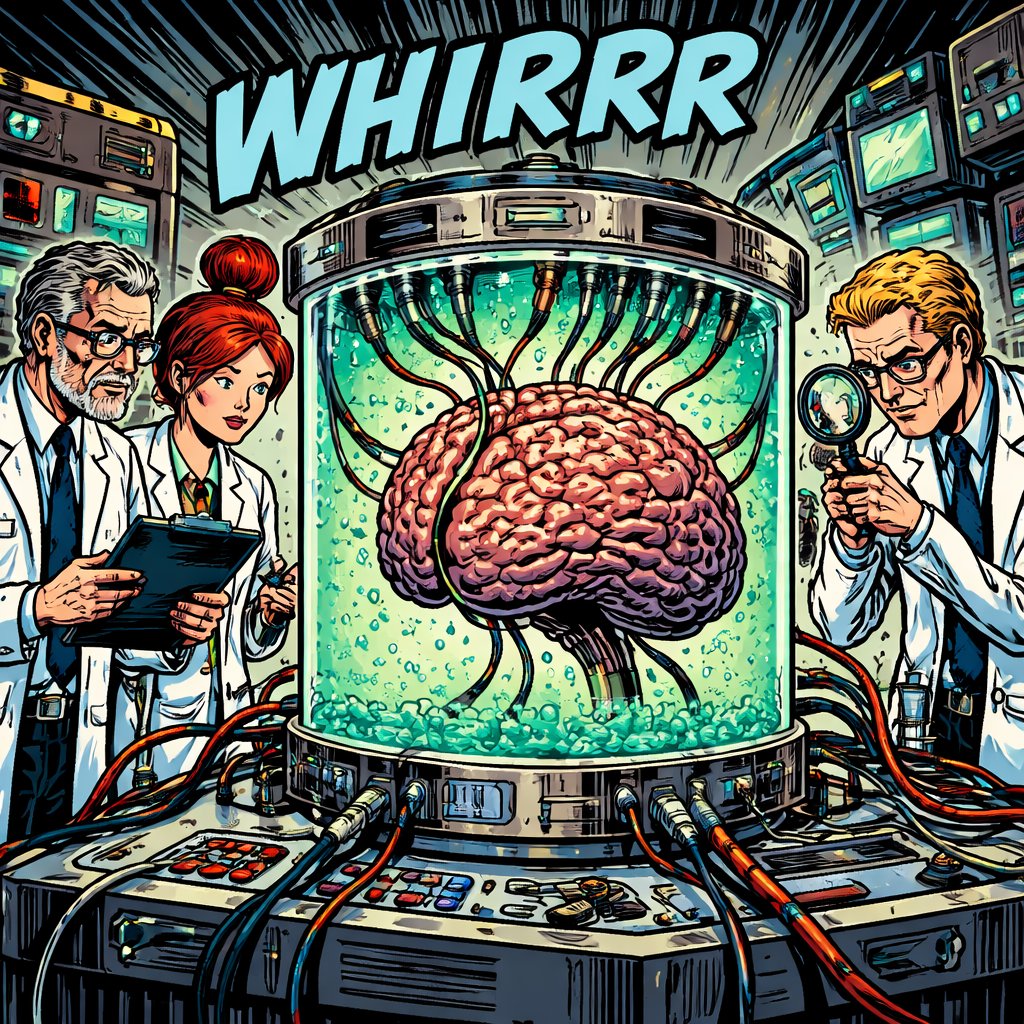 A group of scientists are studying a brain in a clear container。 wires are attached to the brain