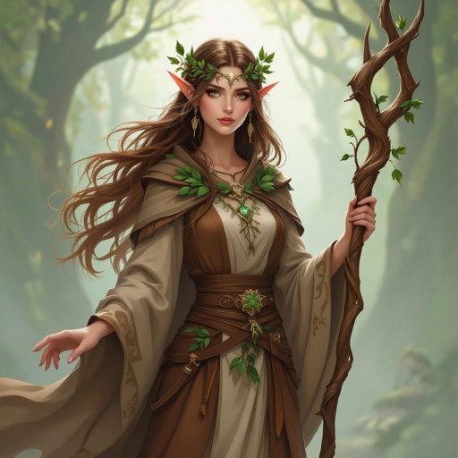 A elf Druid, her skin is light brown, will long brown hair 