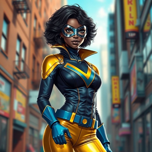 A teenage African American female superhero wearing a domino style mask with slightly curly hair in a shoulder length side part style wearing a polyester and leather gold suit with blue accents gold pants and a stylized V as her chest emblem a utility belt and blue boot heel less standing in Philadelphia