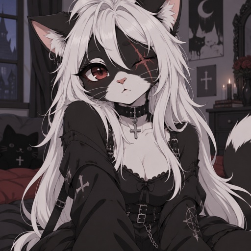 Tuxedo cat furry ,goth, scars, missing eye, long white hair