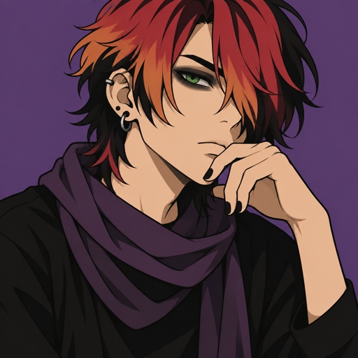 Male, teen, green eyes, ear piercings, black shirt, purple scarf, neck length hair covering one eye, light red light orange and black hair gradient, black nail polish, black eyeshadow