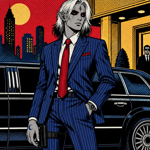Male, grey skin, cheekbones, pointy ears, completely black eyeballs, red iris, scar across one eye, white shoulder length hair black tips, black symbol on forehead, half blue moon on back of hand, earpiece, gun holster on leg, wristwatch, pinstripe blue suit, red tie, serious, standing in front of limousine, thin