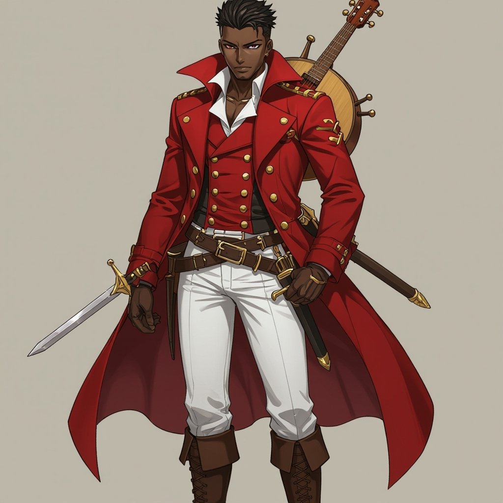 Man, human, dark skin, black short hair,  red double-breasted great coat, gold buttons, white pants, brown boots, belts, lots of daggers, lute on his back