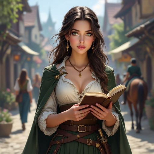 Human. Normal ears. A young human woman. Rouge. Thief. 
Long brown hair, large green eyes. Pale complexion. Delicate beauty. Holding a book. She's wearing an elegant shirt that reveals her shoulders and an amber necklace. She's wearing long black pants and a green skirt that's shorter in the front. A village is in the background. People are walking by. A dagger at her belt.  Horses are visible. It's daytime. The woman is looking around
. realistic atmosphere. More realistic. No major jewelry. She wears no rings or earrings. She has a green cape. She turns her head to follow someone. 5 fingers on hand