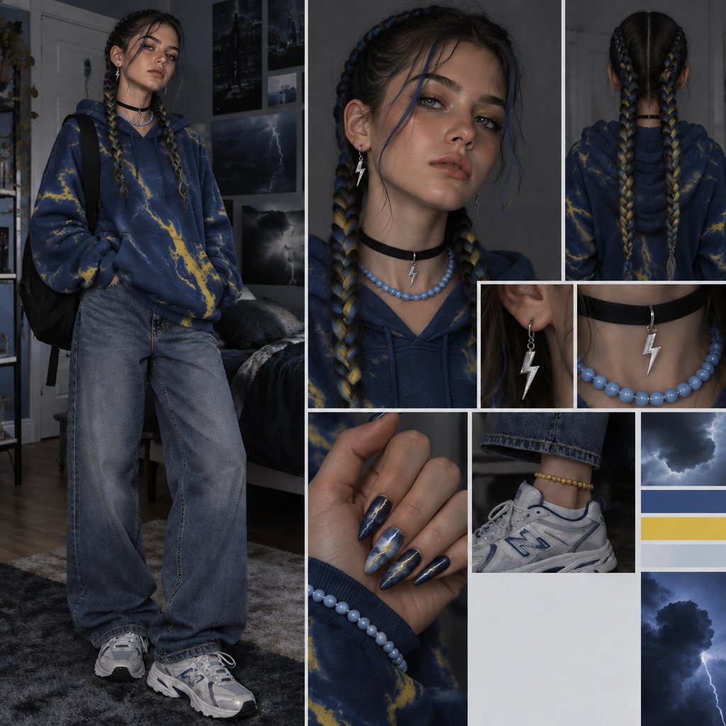 a collage of photos of a woman wearing a lightning necklace