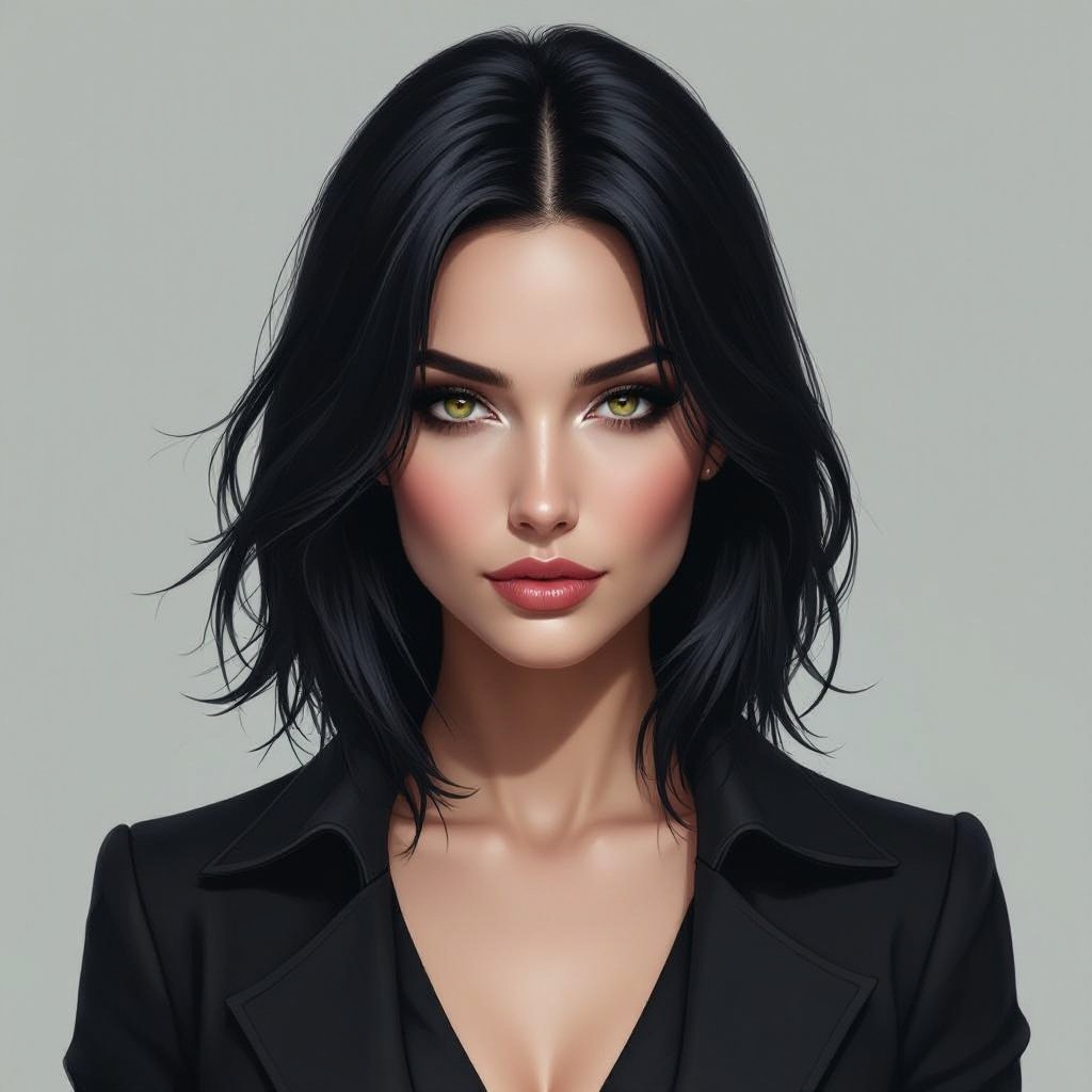Show character head to toe. Create a mid age fantasy woman jet-black hair is cut sharpand her eyes seem to pierce through darkness. A shadowy aura clings to her form,