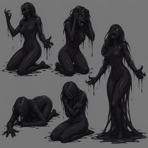 Female super Villian with black goo abilities,completely black goo body, misery, multiple of the same character 