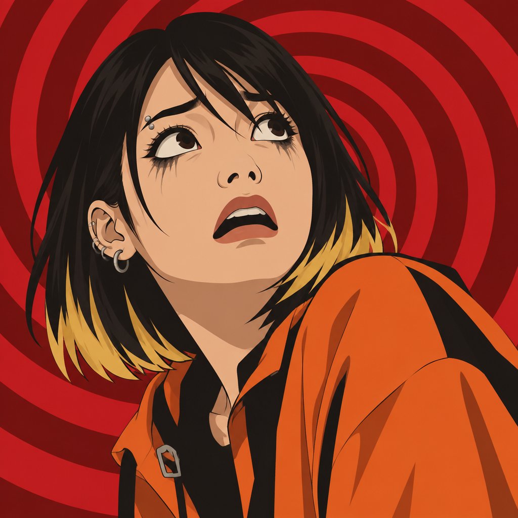 Asian female, with straight black neck length hair, yellow tips, side bangs on one side, eyebrow piercing, under eye mascara, ear piercing, cool clothes orange, looking up scared, red spiral background
