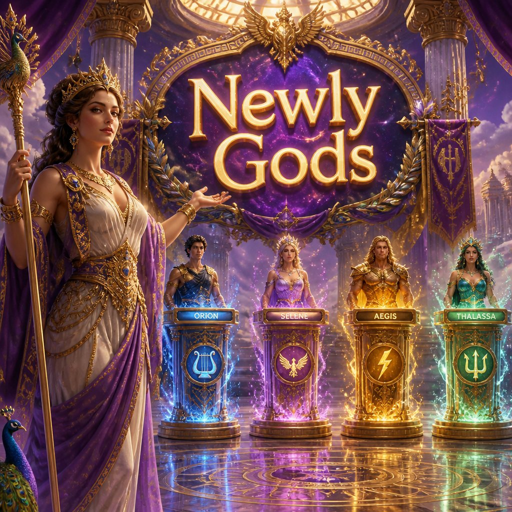 The Greek Goddess Hera hosting a game show on a very decorated stage with 4 podiums and a giant sign saying newly gods