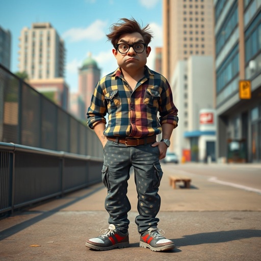 Create a funny looking serious man in the world, with a not so stylish outfit head to toe