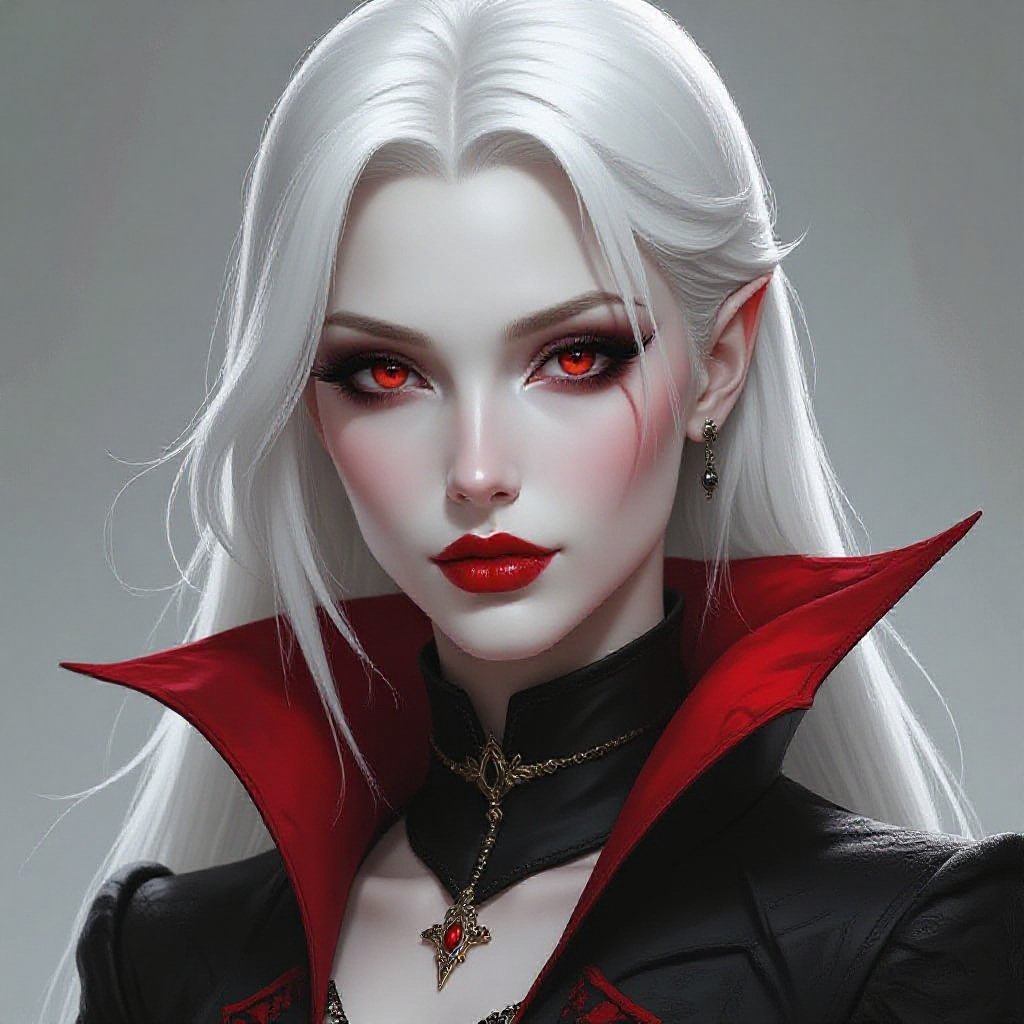 Albino vampire, woman, short skinny, extremely beautiful. The Witcher universe. White hair, white eyelashes, red eyes, no makeup, realistic, porcelain skin. Barefaced