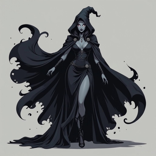 sexy shadow demon witch gypsy slate grey skin large black billowing cloak that emits darkness and shadow