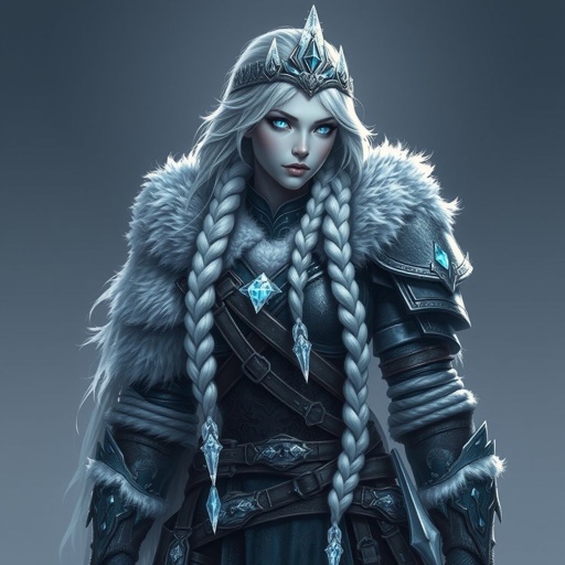 Create a character head to toe showing the whole character, meaning legs feet body face everything: A tall, battle-hardened woman with pale, icy-blue skin. Her long silver hair flows in braids tipped with frozen beads. She wears heavy, fur-lined armor made from the hides of snow beasts. Her eyes glow faint blue. A frost-shaped crown rests lightly on her head.