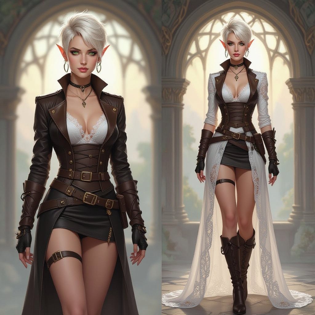 🎨 Ffionna Baelyn — Integrated Lace Underdress Variant  Semi-realistic fantasy portrait of Ffionna Baelyn, a female High Elf rogue assassin with an athletic, slender build. She has a short blonde pixie cut with layered texture and side-swept fringe, fair ivory skin with warm undertones, and bright green eyes with faint gold flecks. Her cropped brown leather jacket is cut at her chest with brass buckles and corset fastenings. Beneath her armor, she wears a fitted silver-white sheer lace underdress — thin, semi-transparent, and close to her body — visible at the neckline, sleeves, and lightly through the upper thighs beneath her leather layers. Her short black-brown leather skirt is solid and structured, with no lace on its surface, designed for movement and precision. The lace acts as a base layer, subtly glowing in soft light. She wears fingerless gloves and thigh-high strapped boots. Lighting is soft and cinematic with a neutral background, full-body to shins, following the 8-heads rule. 