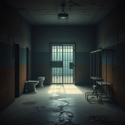 Create this background hall inside was dim, paint peeling in sheets. A metal door led to the cell block.  Six cells, all empty. A cracked toilet in each. Rusty bunks, stale air, dust everywhere. No character just background 