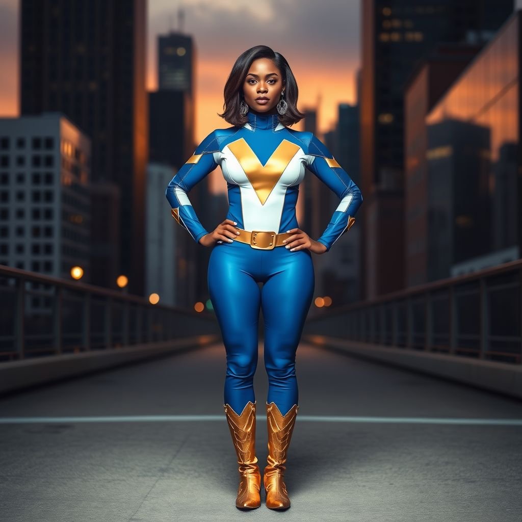 African American female superhero with shoulder length hair in a side part style and wearing a homemade white blue and gold suit with blue pants with a stylized V as her chest emblem wearing gold flat boots made of gold standing in Philadelphia at dusk