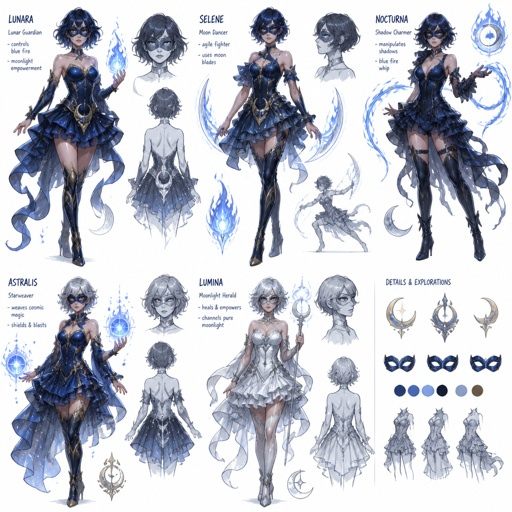 Female superhero with blue fire and moon light abilities, short ruffled dress, mask, multiple of the same character