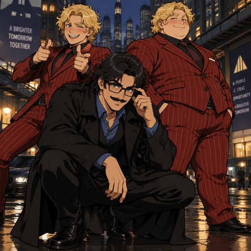 Male, crouching, green eyes, mustache, neck length black hair, neat hair, black glasses, black trench coat, blue shirt, smiling, male blonde curly hair, green eyes, blush, red pinstripe suit, doing finger guns, male, blonde curly hair, green eyes, fat, red pinstripe suit, blush, hands in pockets, smiling, the blonde guy and the fat guy are twins, city background, cinematic 