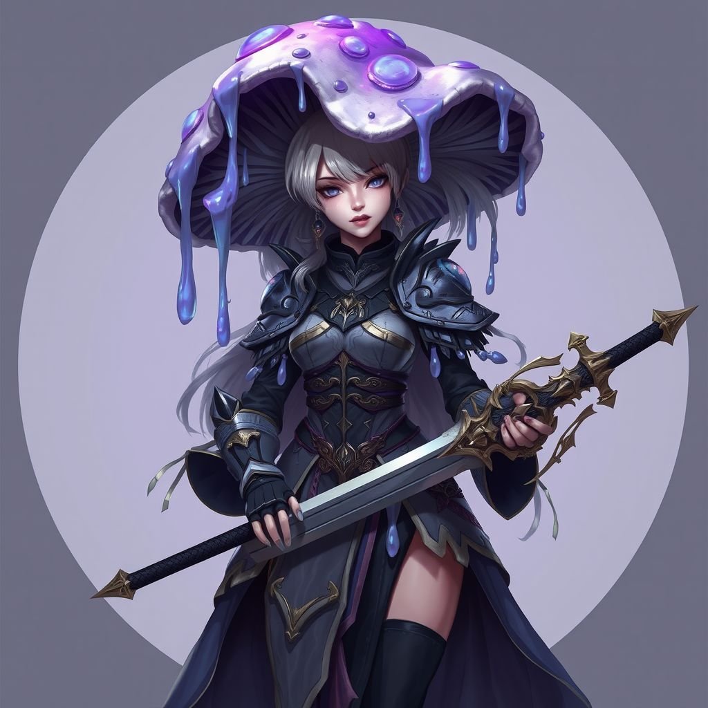 Fungril mushroom female hat as a goo dripping mushroom and dress as a pretty mushroom longsword plate armor colors black grey white purple