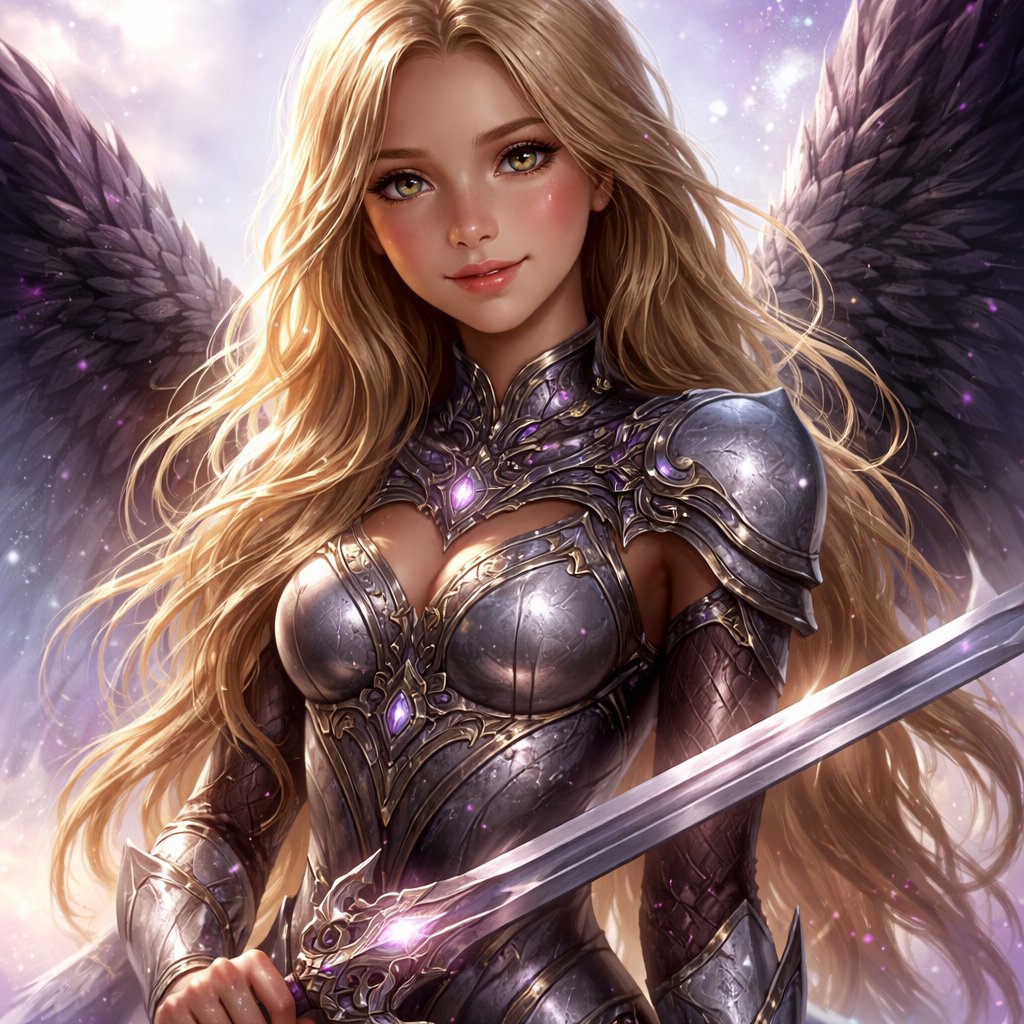 Light blonde hair. She has deep bronzed colored skin. 15 year old girl with tan skin and brown eyes with gold fleck in them. She has skin tight armor thats decorated and fancy. She has stunning black wings with purple hues. She is carrying a double sided sword with a heeled hilt. The background is a hazy mist of silver and purple and gold glints of light. She has a soft smile