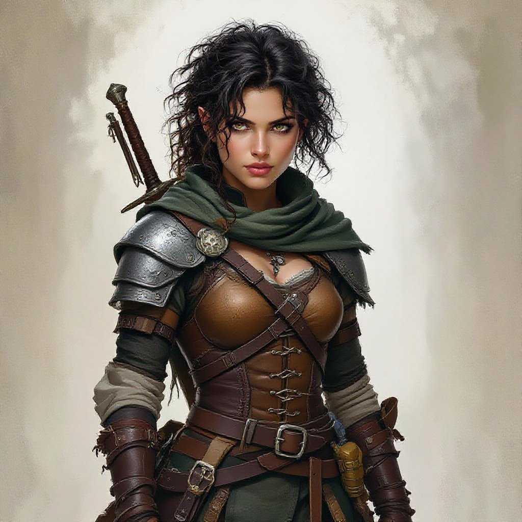 Thalia is compact and wiry, built like a coiled spring rather than a sturdy farmer. Her hair is a mess of dark curls she cuts with a knife whenever they get bothersome. Her eyes are sharp, grey, and always calculating. Scuffed leather armor hangs a little loose on her frame, patched in places where teeth or blades once took a bite. Halfling Fighter