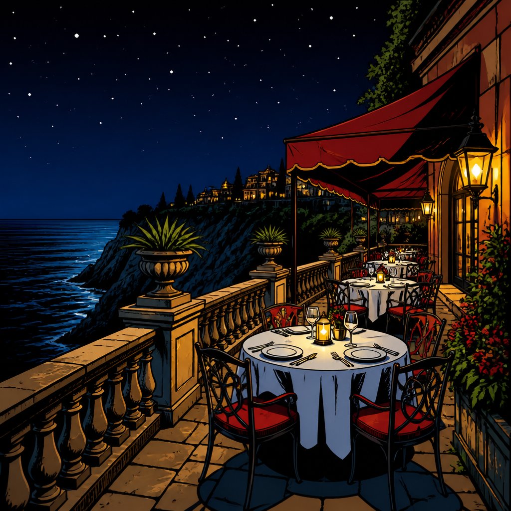 Night scene, highly realistic, intense colours the patio of an exclusive restaurant overlooking the sea. No people, night stars no moon no clouds no speech bubbles.