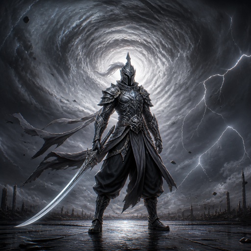assassin, long curved sword, crested helmet, dark silver armor, luminous lord, baggy pants, eye of the storm