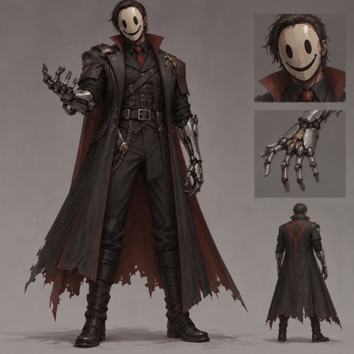 Male Villian with robot hands, cool costume, smiley face mask