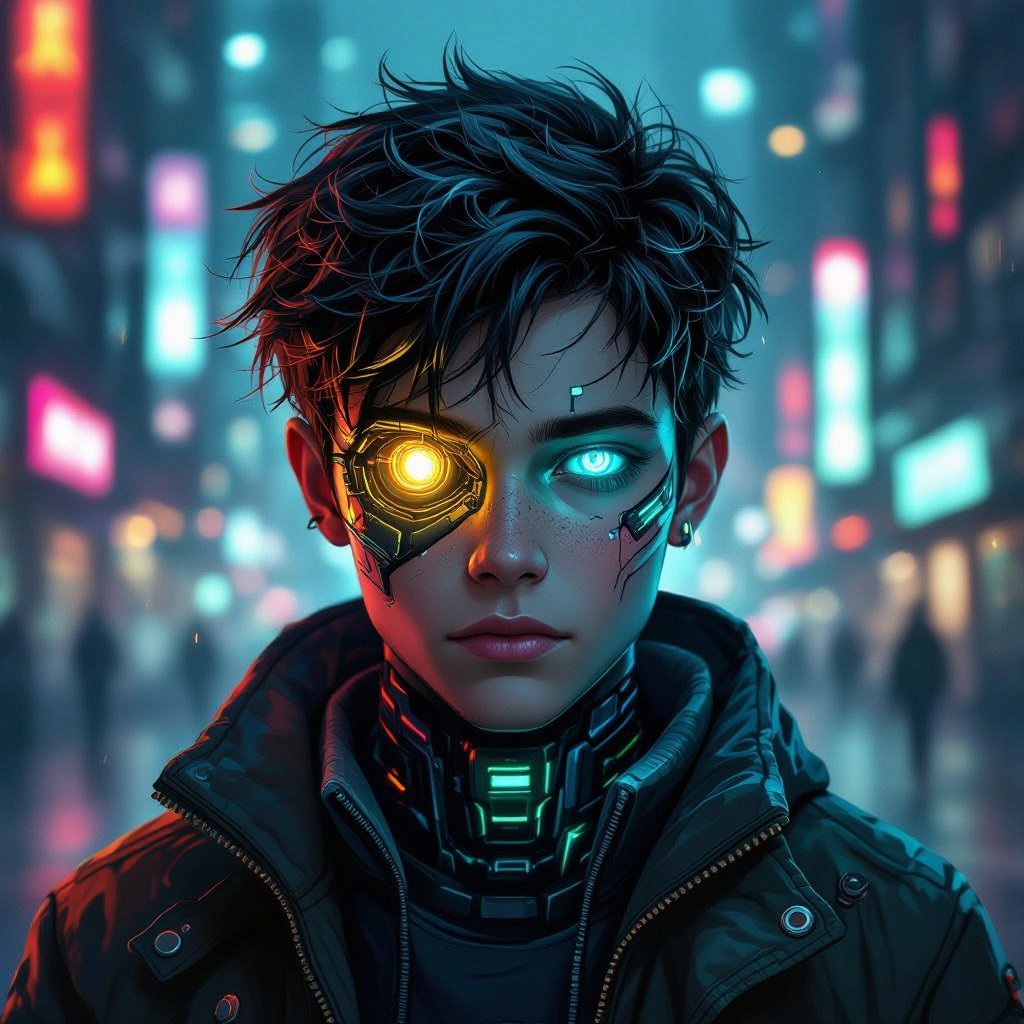 Dark mysterious character teenager boy,with a golden eye and bluish greenish eye