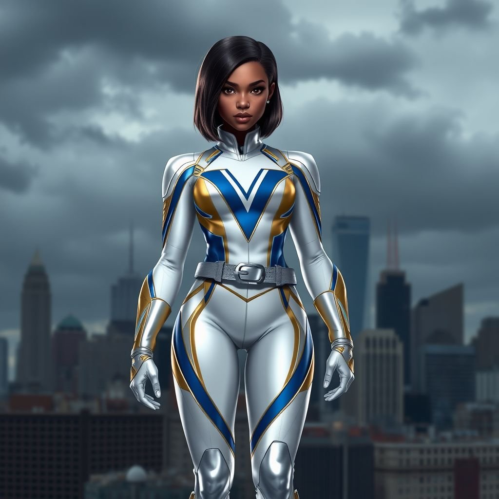 A teenage African American female superhero with hair in a shoulder length side part style wearing a partially white and Gold suit with blue accents and a stylized V as her chest emblem a utility belt and silver boots standing in Philadelphia during a cloudy day