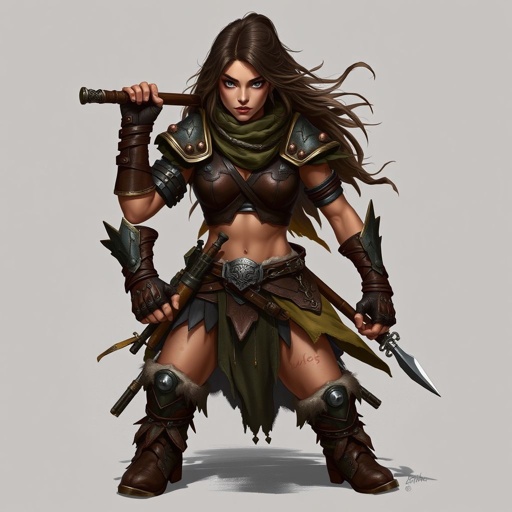Create a warrior woman , show character shoes too