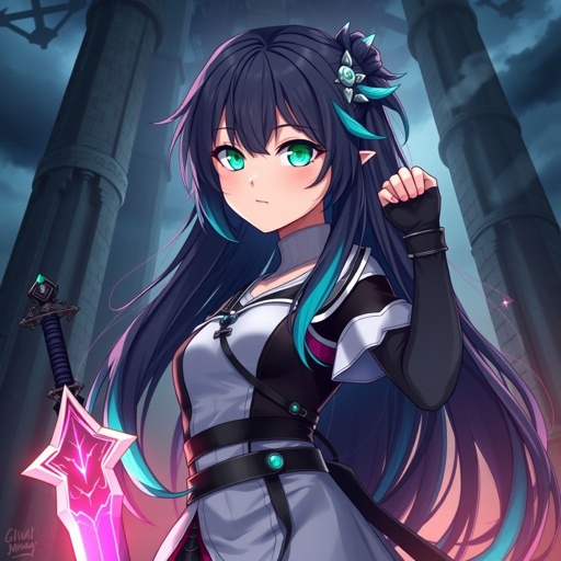 A mildly pale teenage girl. Two-piece clothing, glowing emerald eyes, hair as black as coal with cyan tips weighed down by a legendary sword, levitating in front of an abandoned tower