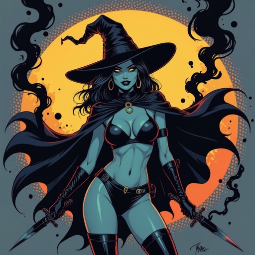 sexy shadow demon witch gypsy slate grey skin large black billowing cloak that emits darkness and shadow smoke. Two piece. Witches Hat.  Wields Black Evil Shadow Smoke Daggers