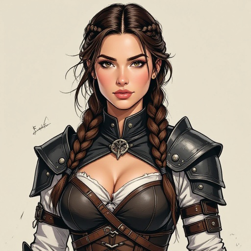 Thin warrior woman of 20 years old, brown hair with the bottom half in white, arranged in a coronet braid. She wears black fighting leathers. She has pale skin. In drawing realistic style