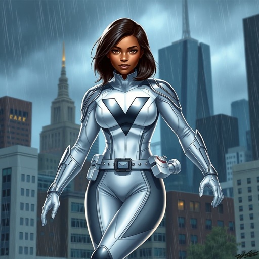 A teenage African American female superhero with hair in a shoulder length side part style wearing a slightly armored white and silver suit with a stylized V as her chest emblem a utility belt and silver boots standing in Philadelphia during a rain storm