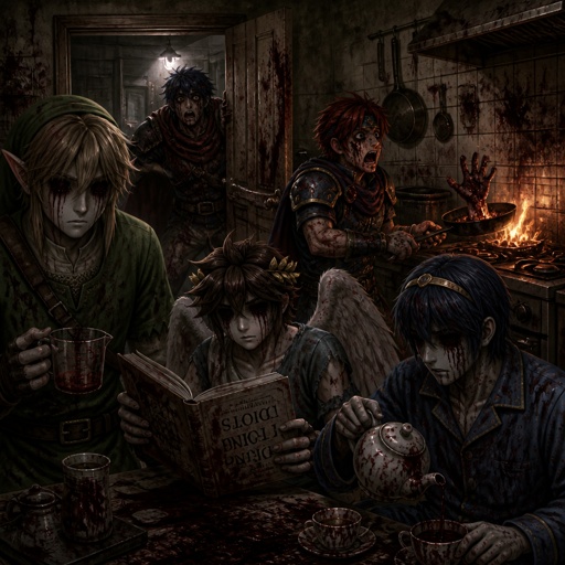 Super smash brothers link from legend of Zelda, pit from kid Icarus, Marth from fire emblem,Roy from fire emblem, Marth is in pajamas there trying to make breakfast Roy in casual clothes accidentally got pancake batter on himself holding frying pan that caught on fire saying "crap, crap, marth what do I do!" link trying to figure out which measuring cup to use casual clothes, pit trying to read the cookbook but it's upside down and he can't read wearing casual clothes, Marth wearing his pajamas making himself some tea with a tired face expression Marth sleepily replies to Roy saying "Hu you talking to me?" Ike from fire emblem wearing casual clothes runs in the kitchen with a freaked out face expression saying "what are you guys doing!"
