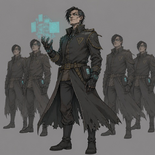 Male Villian technology control powers,uniform design, ragged multiple of the same character