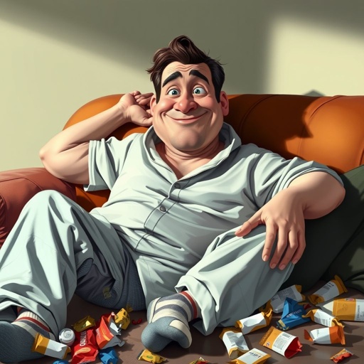 Create mid 30 character who is lazy as heck. And you could tell from his face and his entire outfit. Make is funny and the style of the graphic photographic