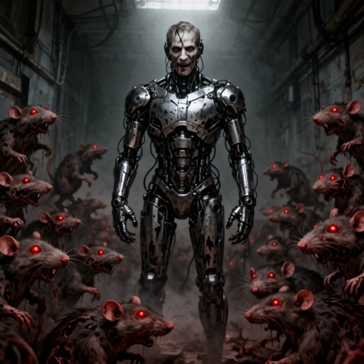 Dr. Lun Tic, a man with a chilling, metallic body. He commands an army of twisted lab rats, their eyes glowing red in the dim light.