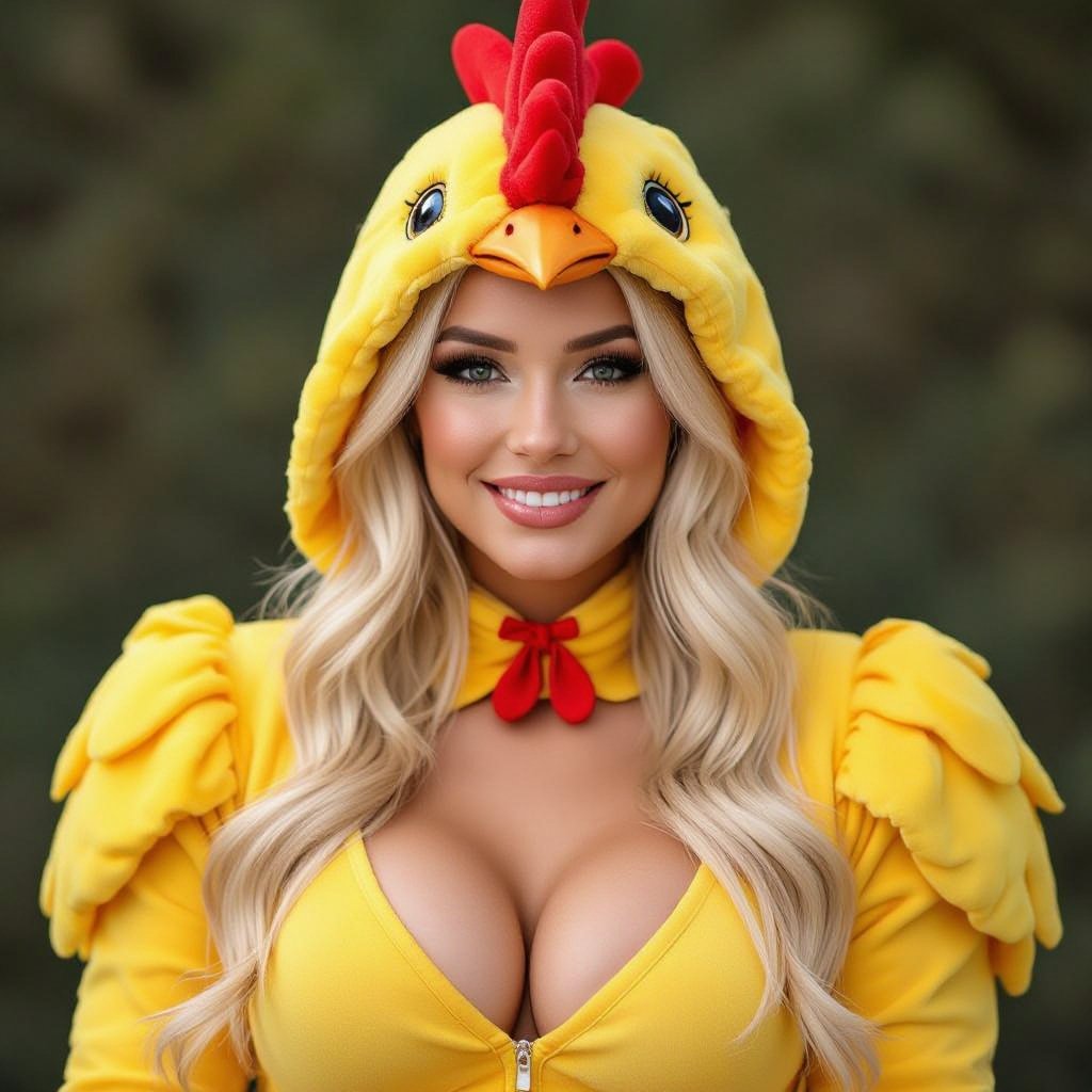 Blonde Babe in skin tight chicken costume