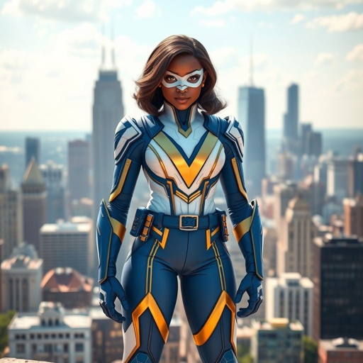 A teenage African American female superhero wearing a domino style mask with slightly curly hair in a shoulder length side part style wearing a armored White and blue suit with gold accents blue pants and a stylized V as her chest emblem a utility belt and blue boot heel less standing in Philadelphia