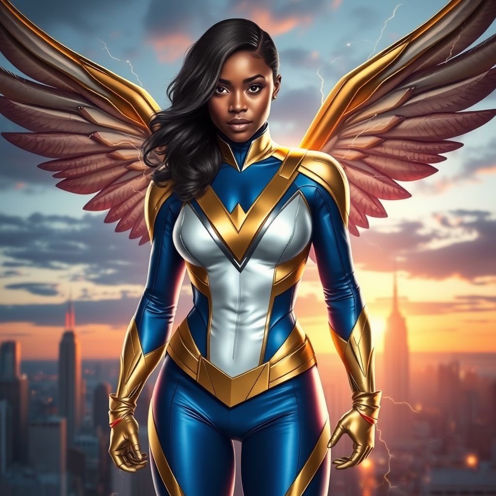 African American female superhero with neck length hair in a side part style wearing a gold white and blue suit with blue pants and gold boots with a stylized V as her chest emblem and wings made of lightning standing in a city at dawn