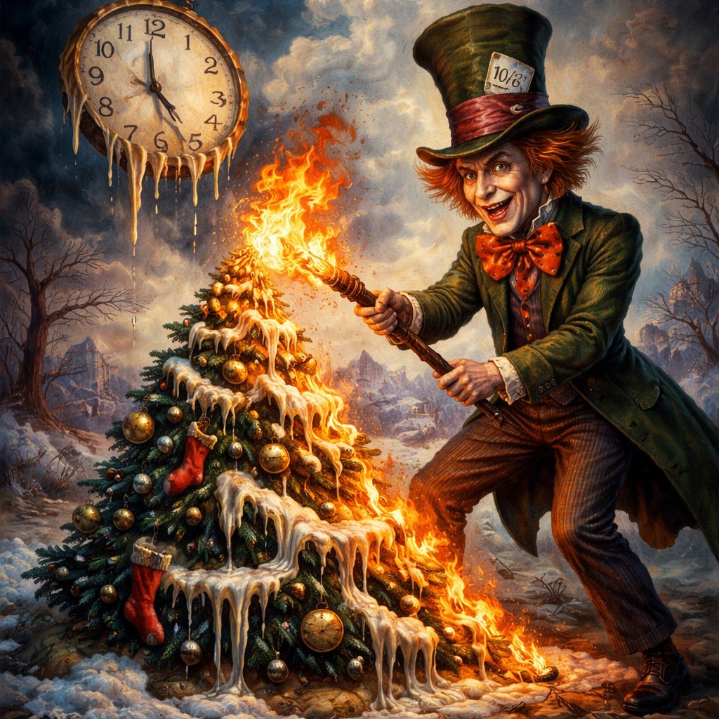 Mad hatter burning a Christmas tree