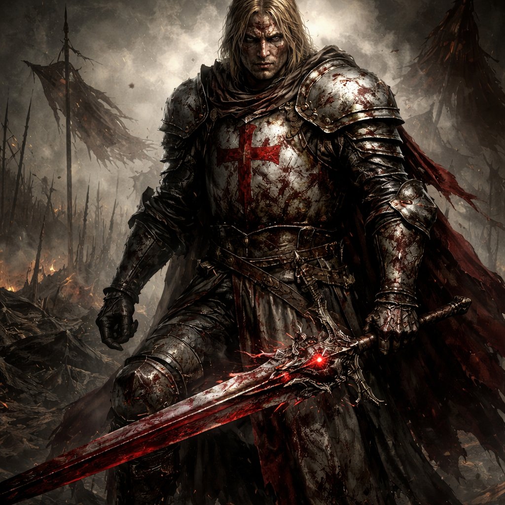 A battle damaged crusader commander with a legendary sword blonde hair and blue eyes with many wounds and battle damaged armor